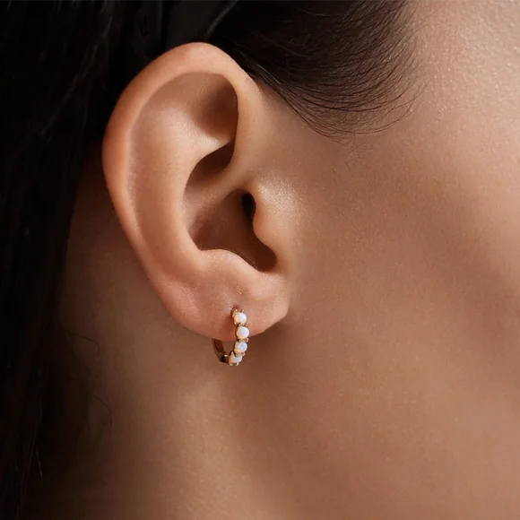 Dainty White Opal Huggie Earrings - Picture 4 of 6